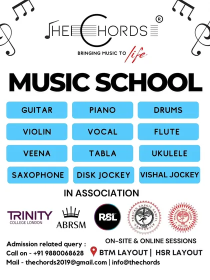 Not sure where to start? This graphic lays out the incredible variety of courses we offer, from guitar, piano, and drums to vocals, veena, and even DJing. We provide both on-site and online sessions to fit your schedule.