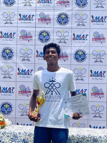 This is what the hard work is for. Nithinbarath K.S. after winning the AITA U-16 Nationals. We don't just train players; we guide them on the path to becoming champions.
