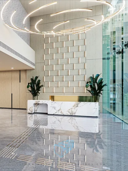 The reception lobby at Brookfield, Candor TechSpace, designed to create a striking first impression. We combined a sculptural marble desk, warm lighting, and refined materials to craft a space that speaks of contemporary sophistication and corporate elegance.