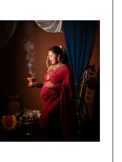 For those who want to honor their heritage, I offer shoots inspired by the timeless art of Raja Varma. The dramatic lighting, rich colors of the saree, and traditional props like this dhuni create a portrait that feels like a classical painting, full of grace and cultural significance.