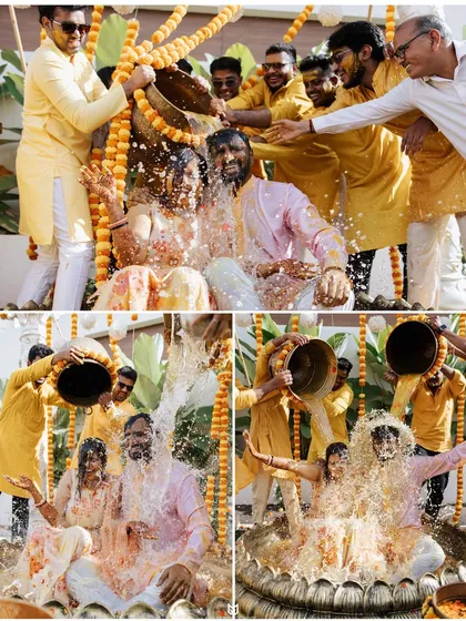 The Haldi ceremony is all about unrestrained fun. I thrive on capturing these high-energy, candid moments as friends and family drench the couple in celebration and water.