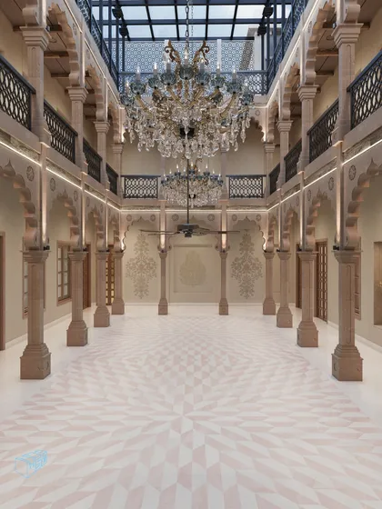 This is the central courtyard of a Banaras haveli, reimagined. The design balances grand scale and intricate detail, featuring hand-carved stone pillars and geometric flooring under a magnificent chandelier, all celebrating India's rich architectural heritage with modern clarity.