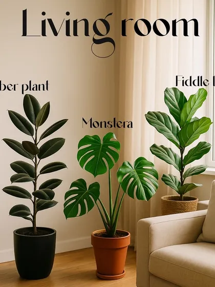 For the living room, I recommend statement plants that purify the air and create a vibrant feel. The Rubber Plant, Monstera, and Fiddle Leaf Fig are excellent choices that transform a common area into a green sanctuary.