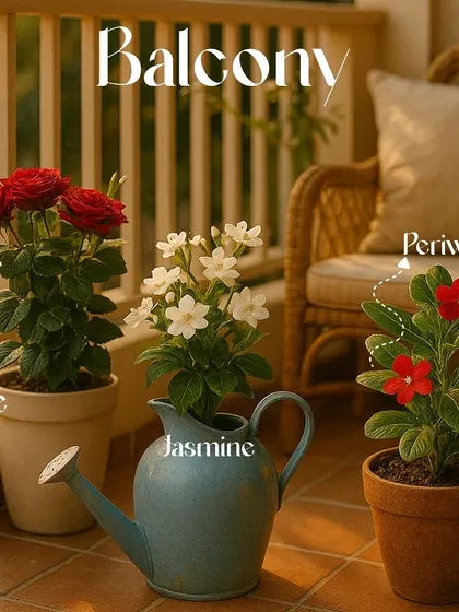 Your balcony can be a beautiful, fragrant garden. Flowering plants like Rose, Jasmine, and Periwinkle thrive in outdoor spaces, adding color and a lovely scent to your personal retreat.