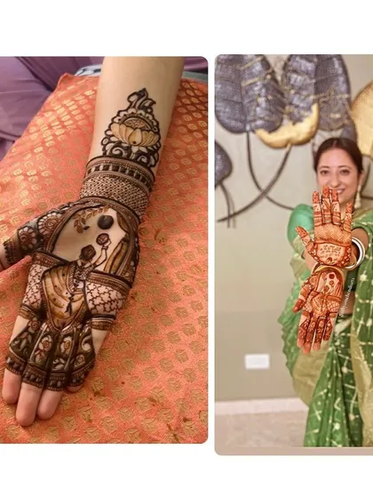 A collage showing the Karwa Chauth design up close and the happy client in her beautiful green saree.