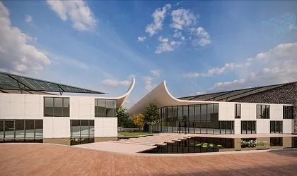 A render of our design for an eco-conscious textile mill, conceived as a green oasis where industry and nature coexist. The structure features a central courtyard for natural cooling, solar cells integrated into the roof, and external walls clad in bricks made from production waste.