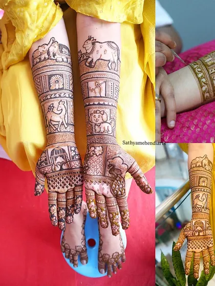 A collage showcasing a unique animal-themed bridal mehendi. This design was a celebration of the bride's love for animals, featuring elephants, deer, dogs, cows, and swans.