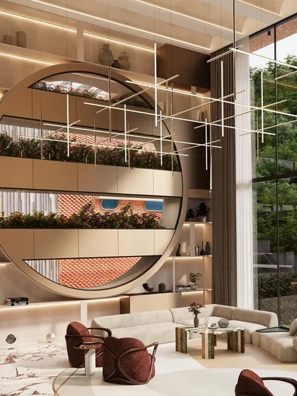 The living area of our Forest House project, where biophilic design is central. A large, circular feature wall with integrated planters brings nature indoors, while the double-height windows flood the space with natural light, creating a serene and organic living environment.