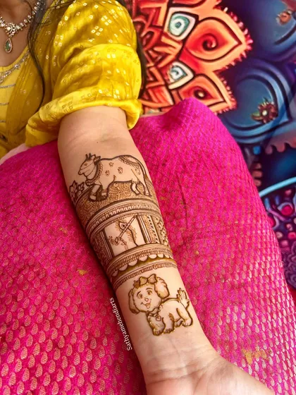 A closer look at the animal-themed design, highlighting the charming illustrations of a cow and a pet dog. It’s a joy to create art that reflects a bride's passions.