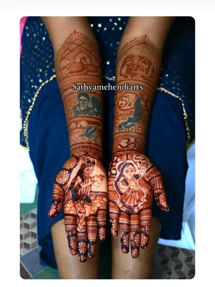 The timeless love story of Radha and Krishna is a favorite theme for my brides. I pour my heart into creating these divine portraits, ensuring every detail reflects the devotion and beauty of their eternal bond.